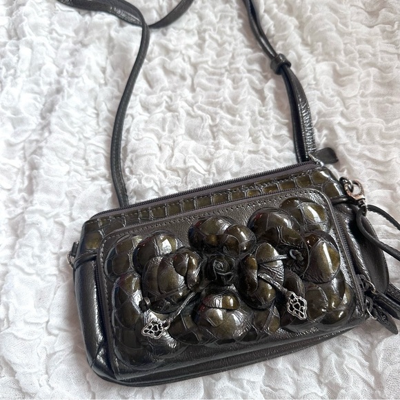 Brighton Rosalie 3D Patent Flower Crossbody Shimmery Olive - Picture 2 of 11